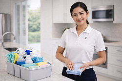 Professional cleaner in bright kitchen